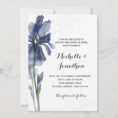 Dark Blue Iris Flower Modern Chhristian Wedding Invitation