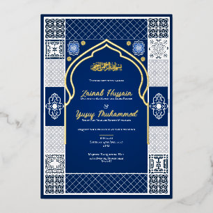 Dark Blue Islamic Arabesque Wedding Invitation Foil Invitation