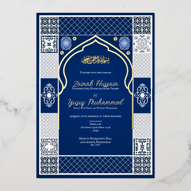 Dark Blue Islamic Arabesque Wedding Invitation Foil Invitation (Front)
