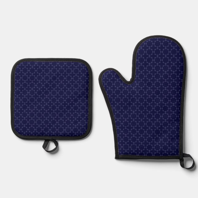 Dark Blue Islamic Geometric Pattern Oven Mitt & Pot Holder Set (Front)