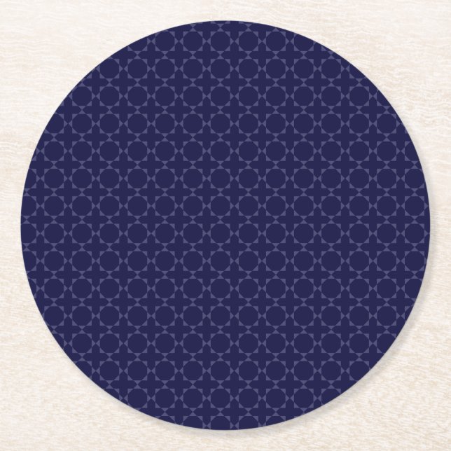 Dark Blue Islamic Geometric Pattern Round Paper Coaster (Front)