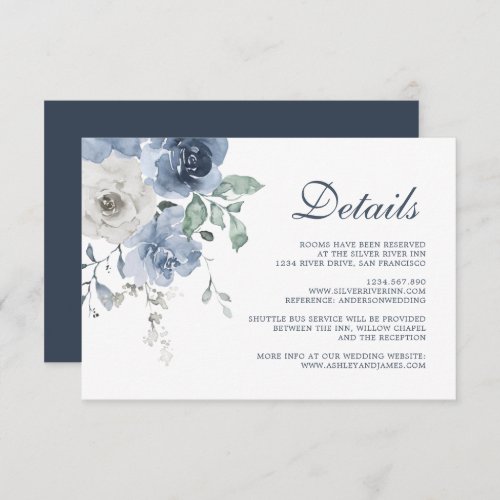 Dark Blue Ivory Floral Wedding Details Enclosure Card