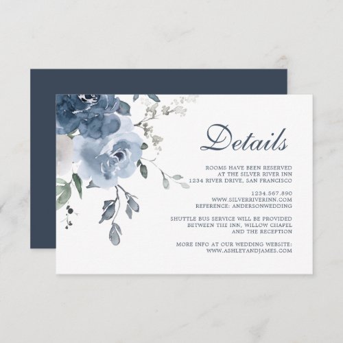 Dark Blue Ivory Floral Wedding Details Enclosure Card