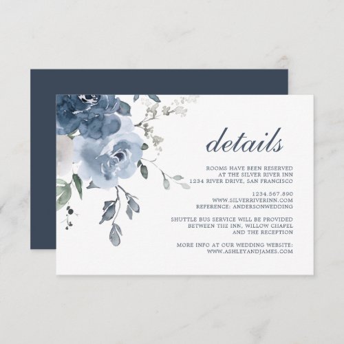 Dark Blue Ivory Floral Wedding Details Enclosure Card