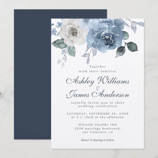 Dark Blue Ivory Rose Floral Wedding Invitation (Front/Back)