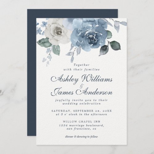 Dark Blue Ivory Rose Floral Wedding Invitation