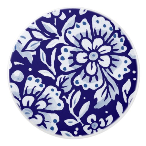 Dark Blue Large Floral Design Woodland Navy Cerami Ceramic Knob