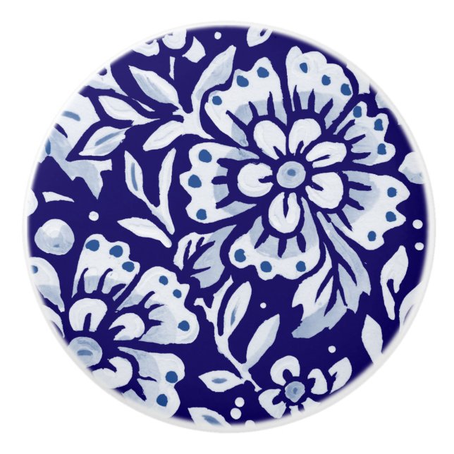 Dark Blue Large Floral Design Woodland Navy Cerami Ceramic Knob (Front)