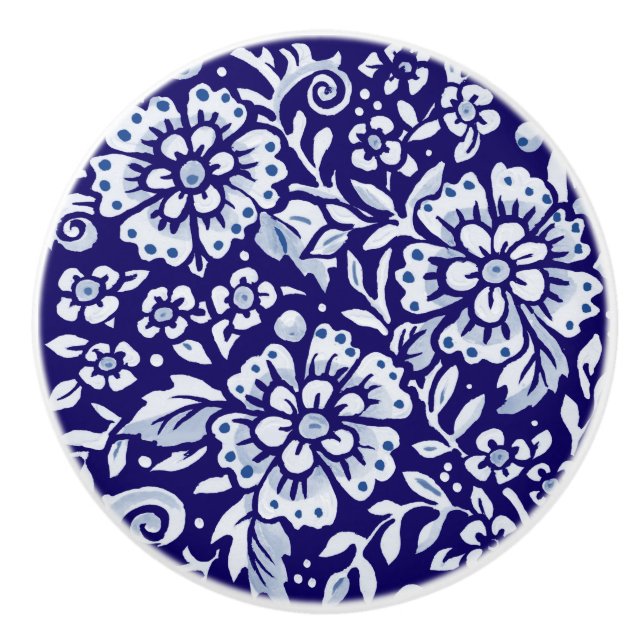 Dark Blue Large Floral Design Woodland Navy Ceramic Knob (Front)