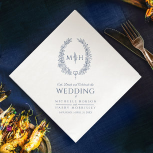 Dark blue leaf oval wreath monogram art wedding paper dinner napkins