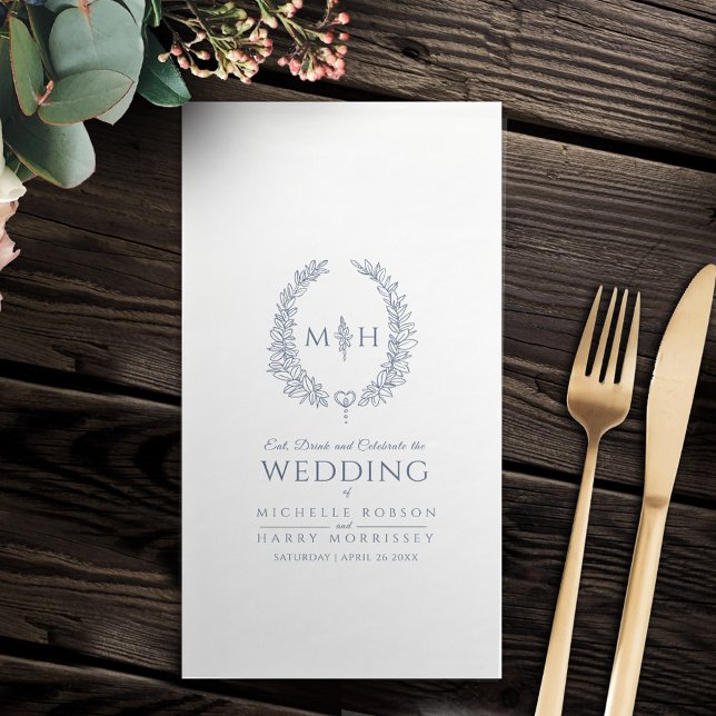 Dark blue leaf oval wreath monogram art wedding paper guest towels (Creator Uploaded)