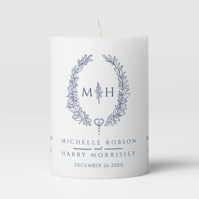 Dark blue leaf oval wreath monogram art wedding  pillar candle (Front)