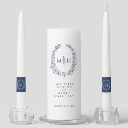 Dark blue leaf oval wreath monogram art wedding unity candle set