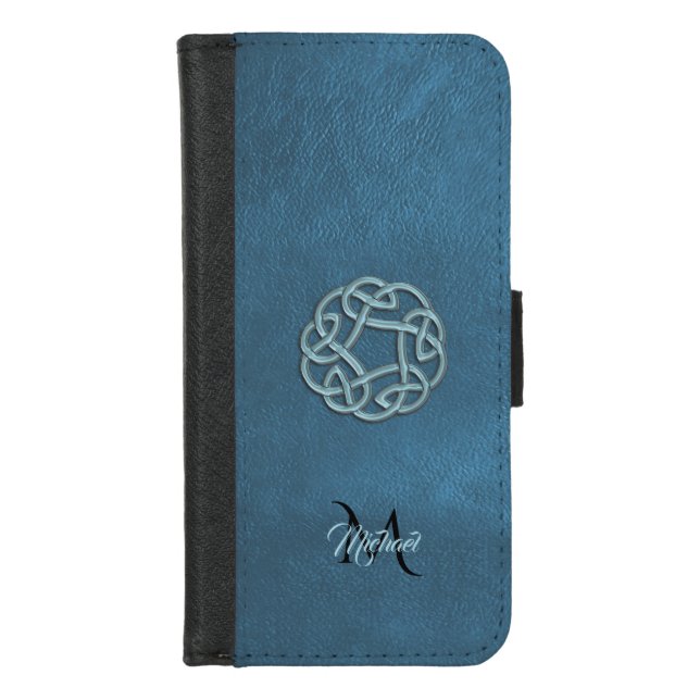 Dark Blue Leather Celtic Knot Monogram iPhone Wallet Case (Front)