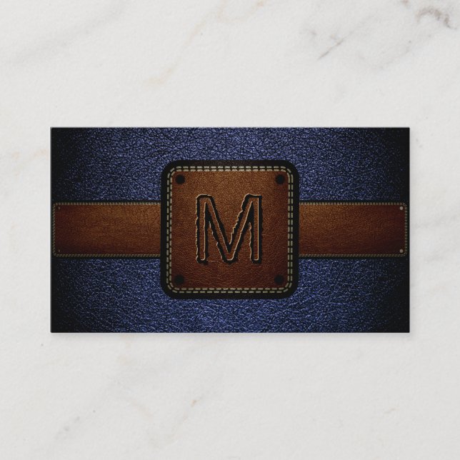Dark Blue Leather Look Brown Monogram Business Card (Front)