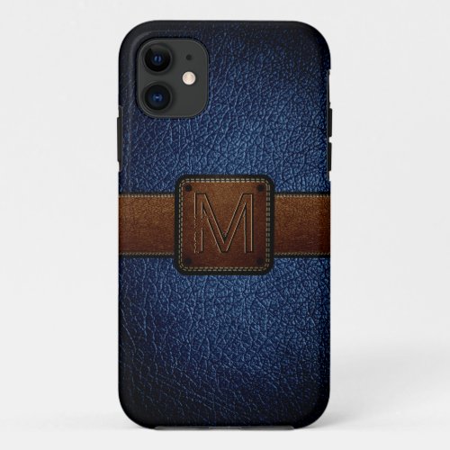 Dark blue leather look brown tag iPhone 11 case