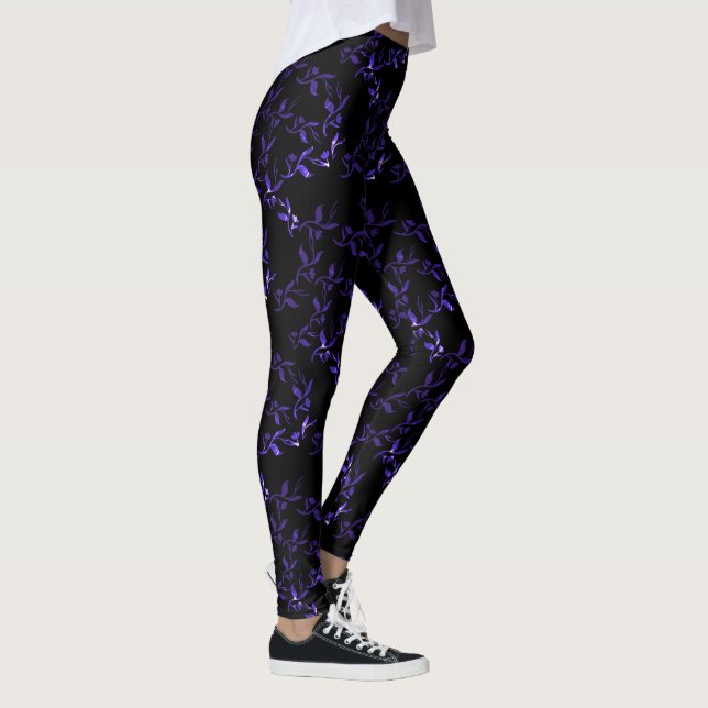 Dark Blue Leaves Pattern Leggings (Right)