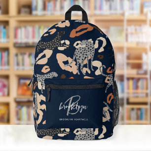 Dark Blue Leopard Print Monogram Name Printed Backpack