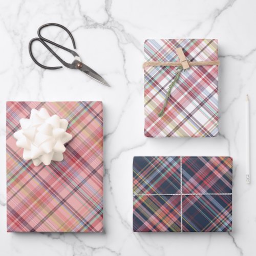Dark Blue Light Blush Coral Pink Red White Plaid Wrapping Paper Sheets