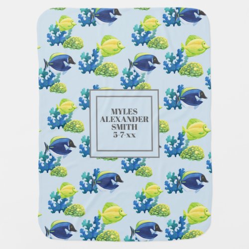 Dark Blue Light Green Tropical Fish Personalized Baby Blanket