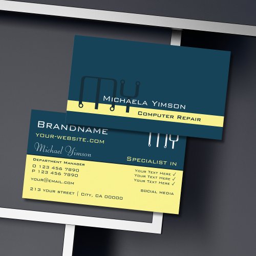 Dark Blue Light Yellow with Initials Professional Business Card