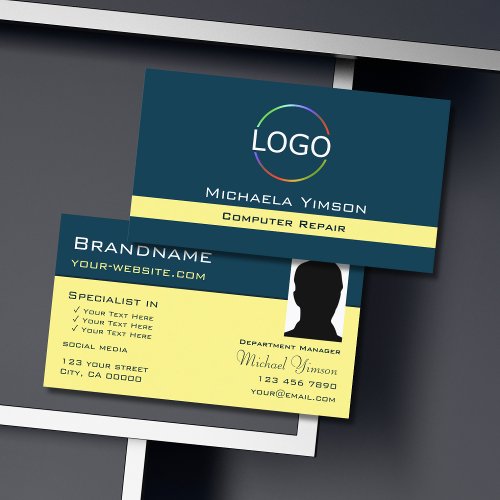 Dark Blue Light Yellow with Logo and Photo Chic Business Card