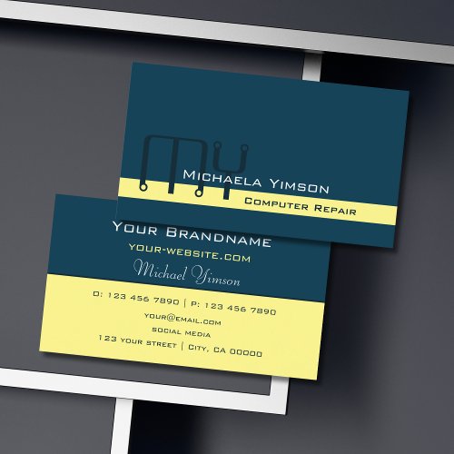 Dark Blue Light Yellow with Monogram Professional Business Card