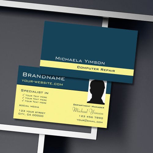 Dark Blue Light Yellow with Photo Professional Business Card