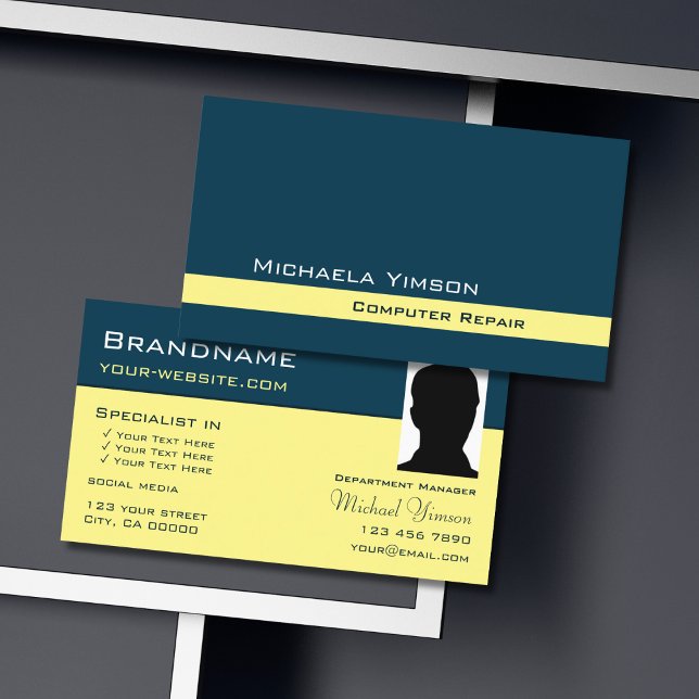 Dark Blue Light Yellow with Photo Professional Business Card (Creator Uploaded)