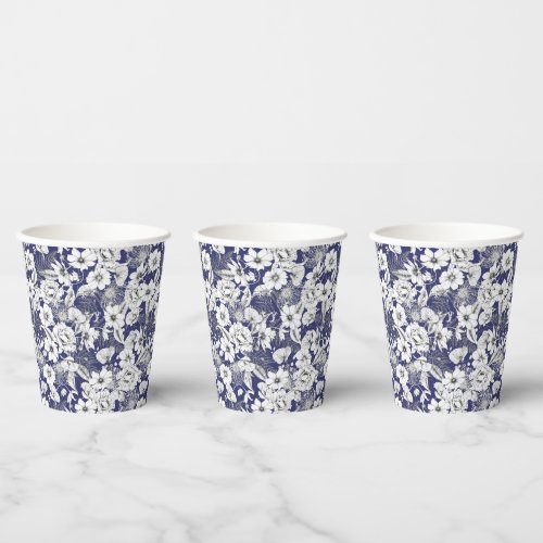 Dark blue line drawing delicate floral peony ferns paper cups