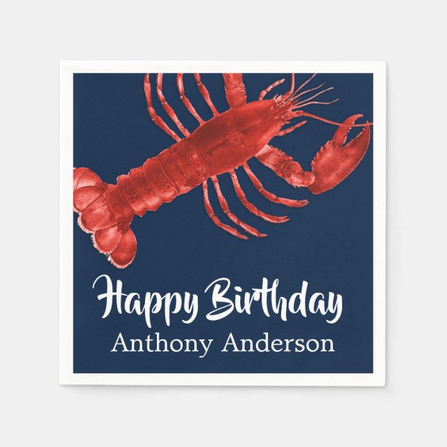 Dark Blue Lobster Themed Fun Birthday Party Custom Napkins (Front)