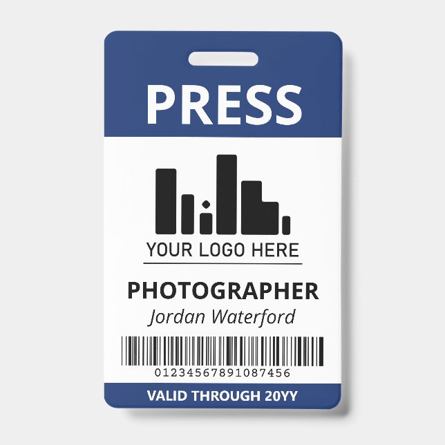 Dark Blue Logo Bar Code Press ID Badge (Front)