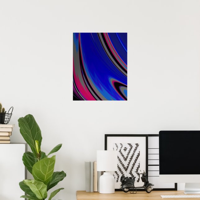 Dark Blue Magenta Abstract Fractal Swirl Poster (Home Office)