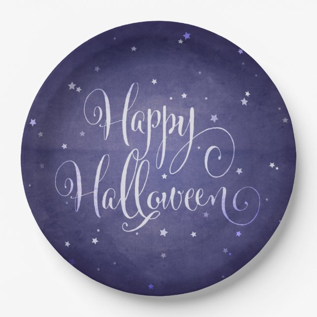 Dark Blue Magical Stars Happy Halloween Party Paper Plates (Front)
