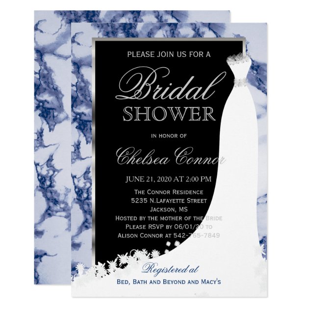 Dark Blue Marble And Black Bridal Invitation