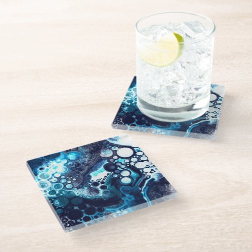 Dark Blue Marble Digital Fluid Art    Glass Coaster