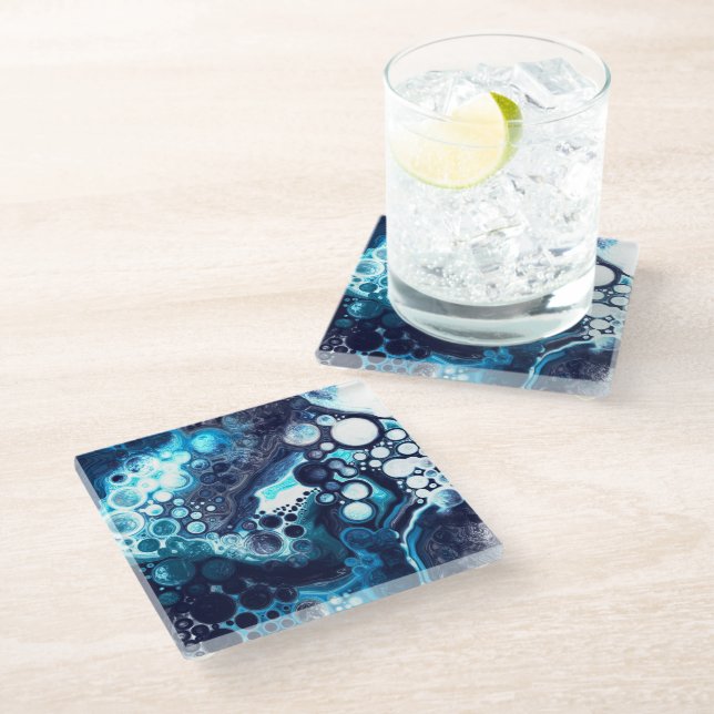 Dark Blue Marble Digital Fluid Art    Glass Coaster (Angled)