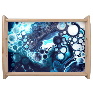 Dark Blue Marble Digital Fluid Art Serving Tray