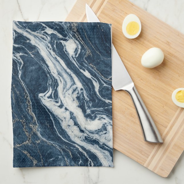 Dark Blue Marble Elegant Minimal Style Kitchen Towel (Quarter Fold)