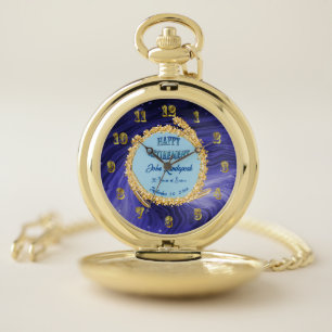Dark Blue Marble & Gold Glitter Happy Retirement Pocket Watch