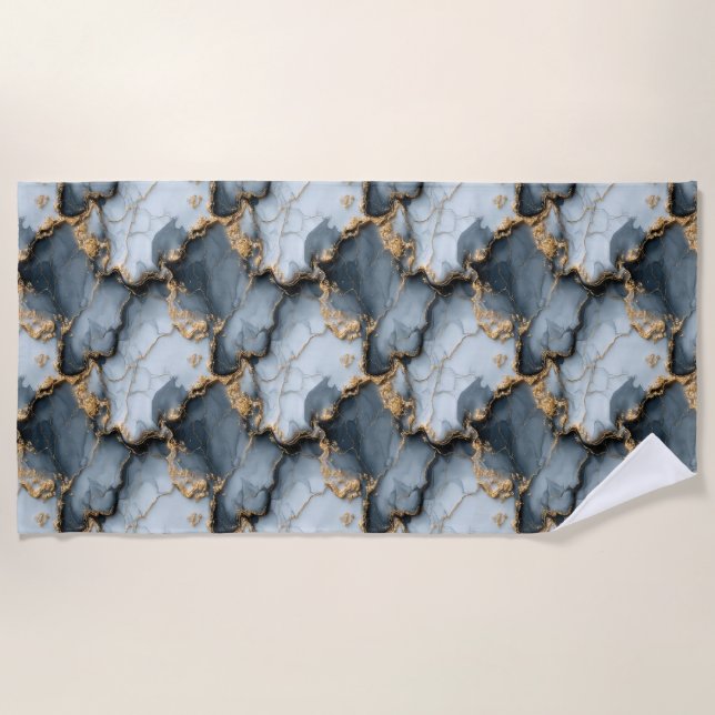 Dark Blue Marble Texture with Liquid Gold Veins Beach Towel (Front)
