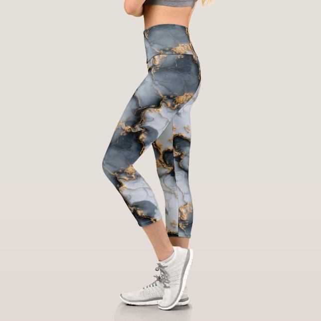 Dark Blue Marble Texture with Liquid Gold Veins Capri Leggings (Left)