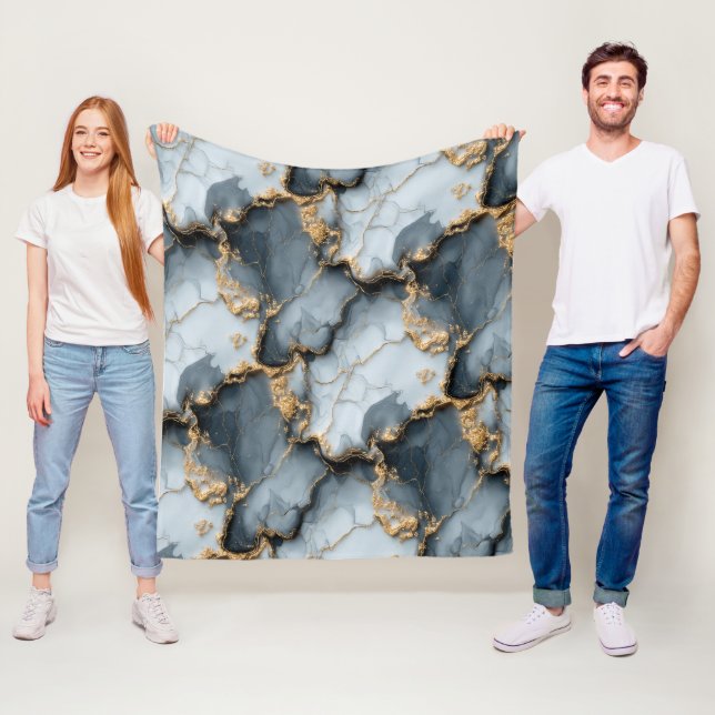 Dark Blue Marble Texture with Liquid Gold Veins Fleece Blanket (In Situ)
