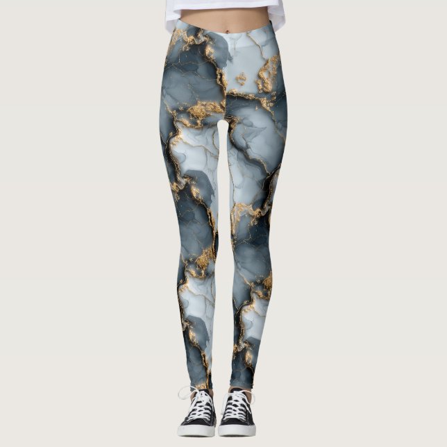Dark Blue Marble Texture with Liquid Gold Veins Leggings (Front)
