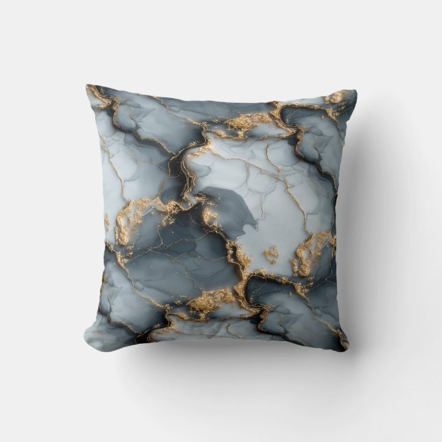 Dark Blue Marble Texture with Liquid Gold Veins Throw Pillow (Front)