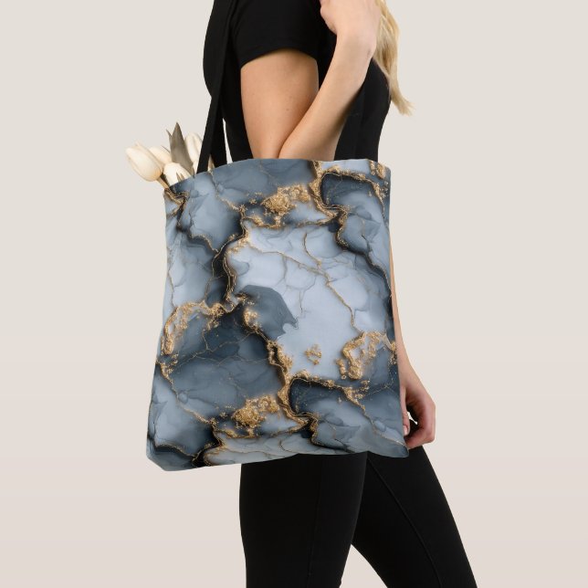 Dark Blue Marble Texture with Liquid Gold Veins Tote Bag (Close Up)