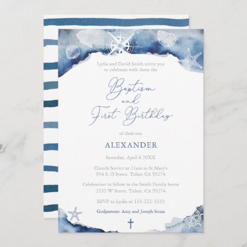 Dark Blue Maritime Boy Baptism 1st Birthday Party Invitation