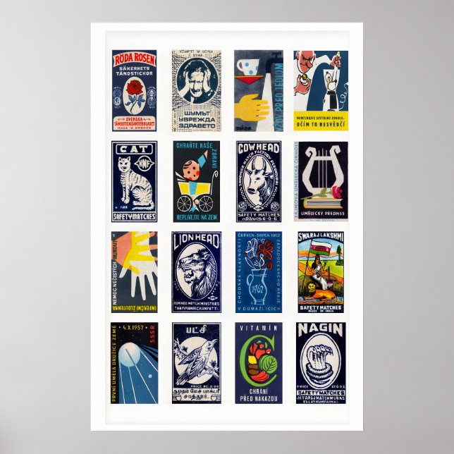 Dark Blue Matchbox Label Collage, Vintage Ephemera Poster (Front)