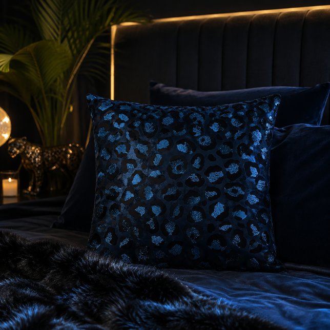 Dark Blue Metallic Leopard Print Animal Pattern Throw Pillow (Creator Uploaded)