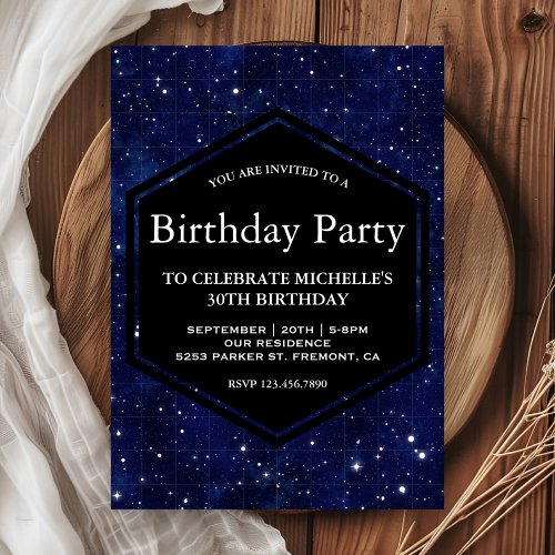 Dark Blue Midnight Starry Sky Birthday Party Invitation